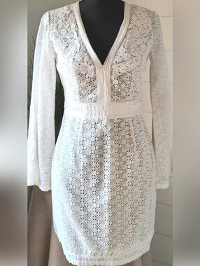 The Kooples White V-Neck Bell Sleeve Mini Dress Guipure Openwork Scroll Trim Lux